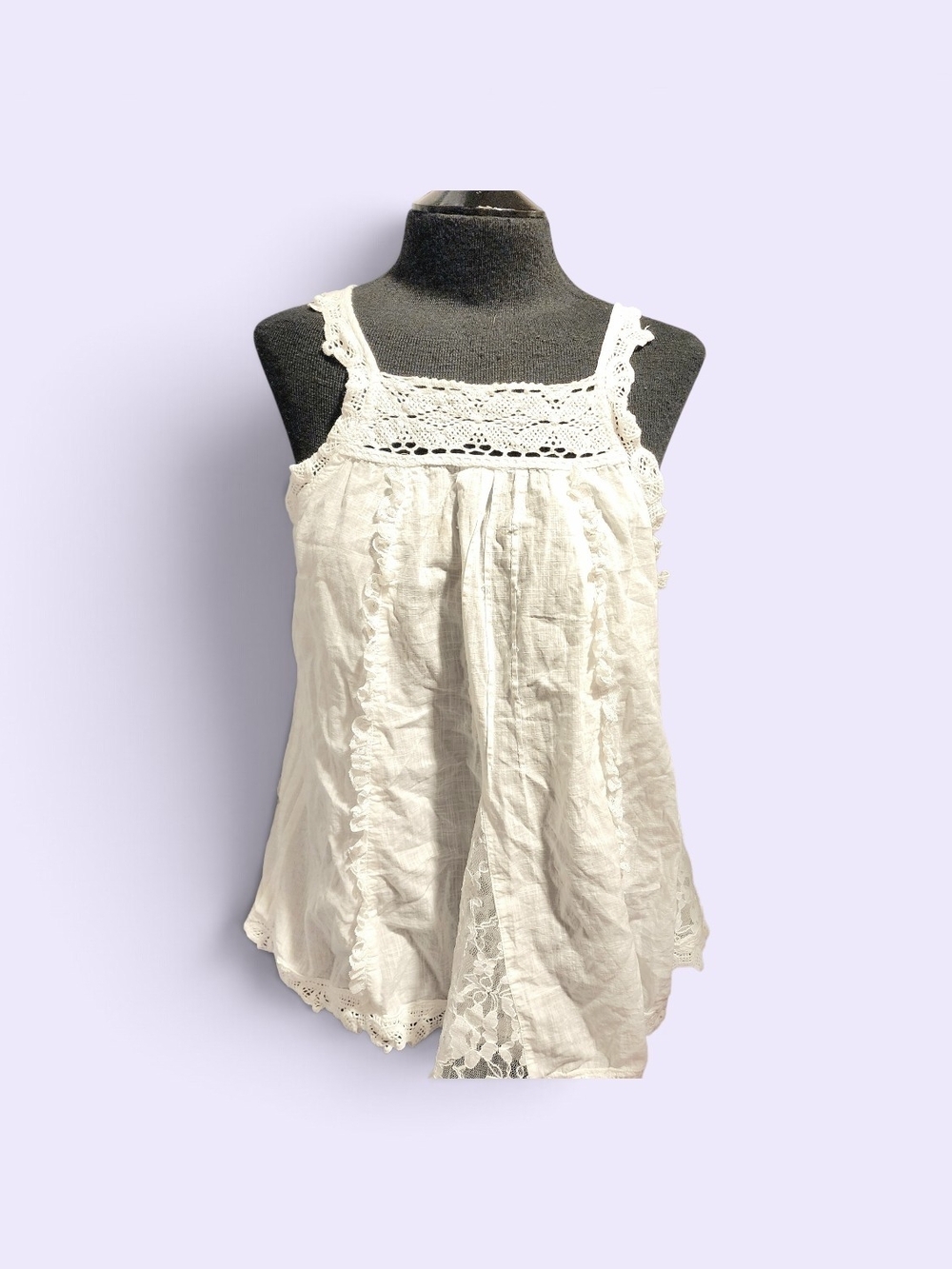 Anthropologie White Lace-Trim Cotton Chemise Top